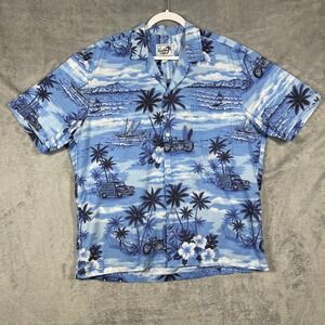 Paradise‎ Style Hawaii Shirt Mens Large Blue Scenic Surf Woodie Wagon Motorcycle